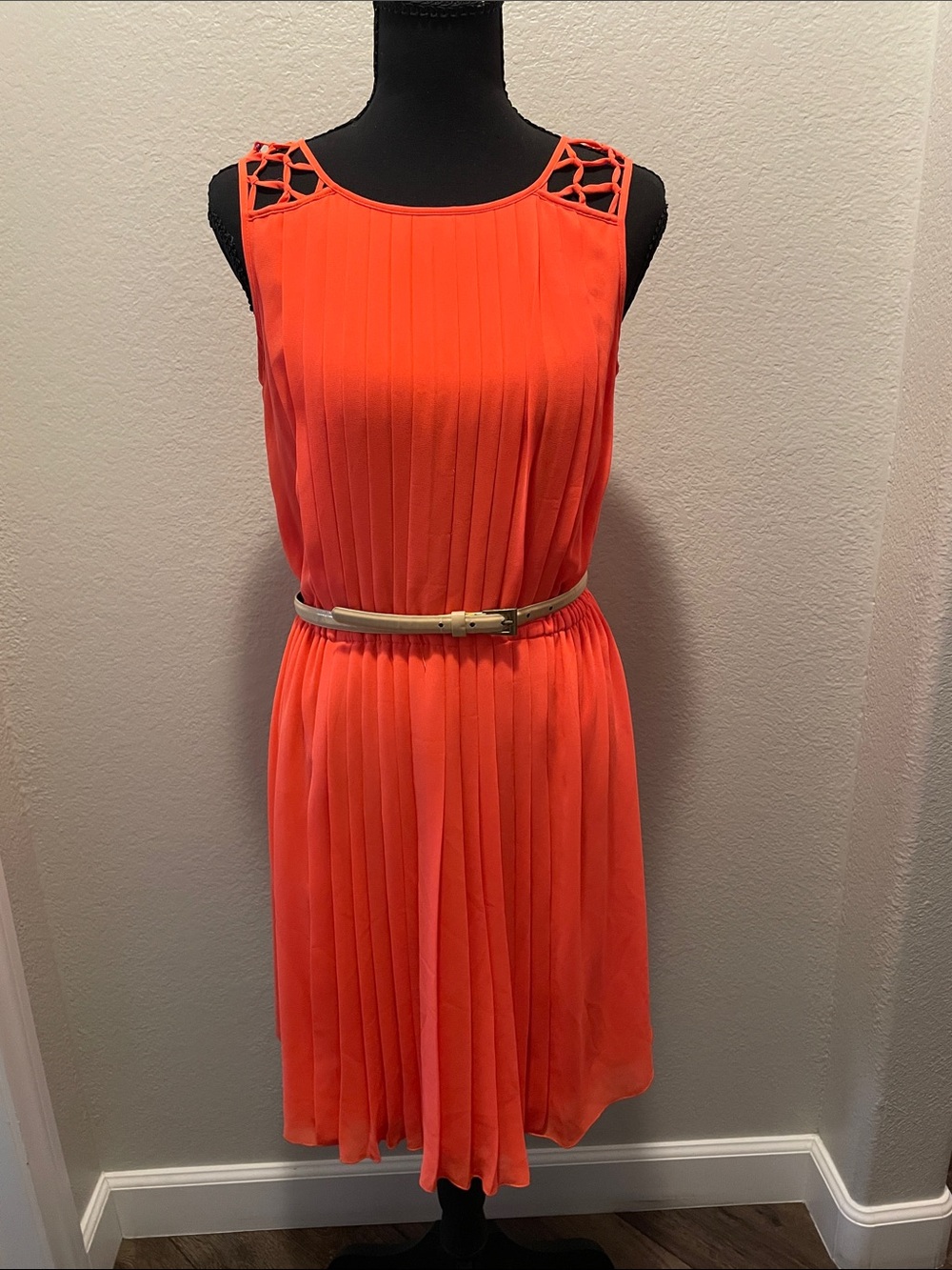 Jessica Simpson Coral Orange Pleated Midi Dress with Cutout Shoulders
